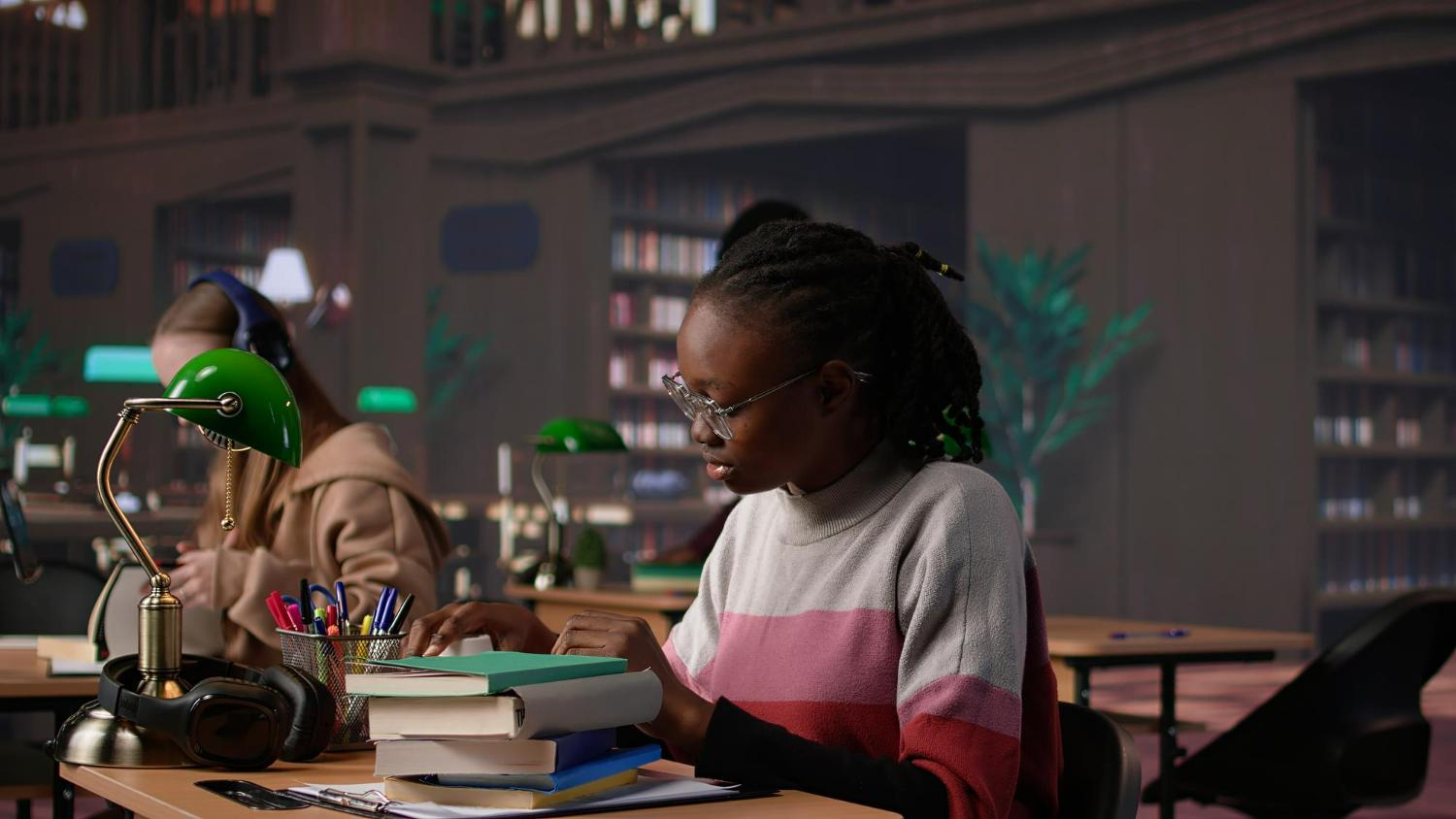 Student studying in a university library